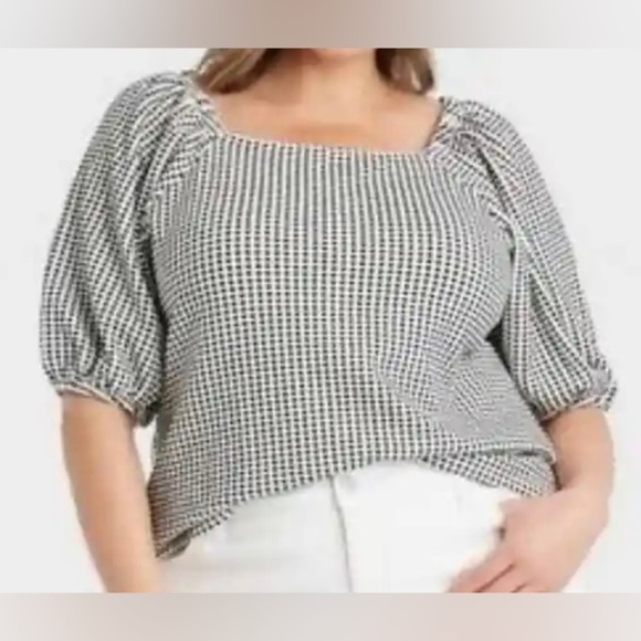 Ava & Viv Gingham Pouf Sleeve Plus Size Blouse - Picture 1 of 6